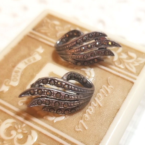 Antique Art Deco Sterling Marcasite Earrings - Picture 2 of 5